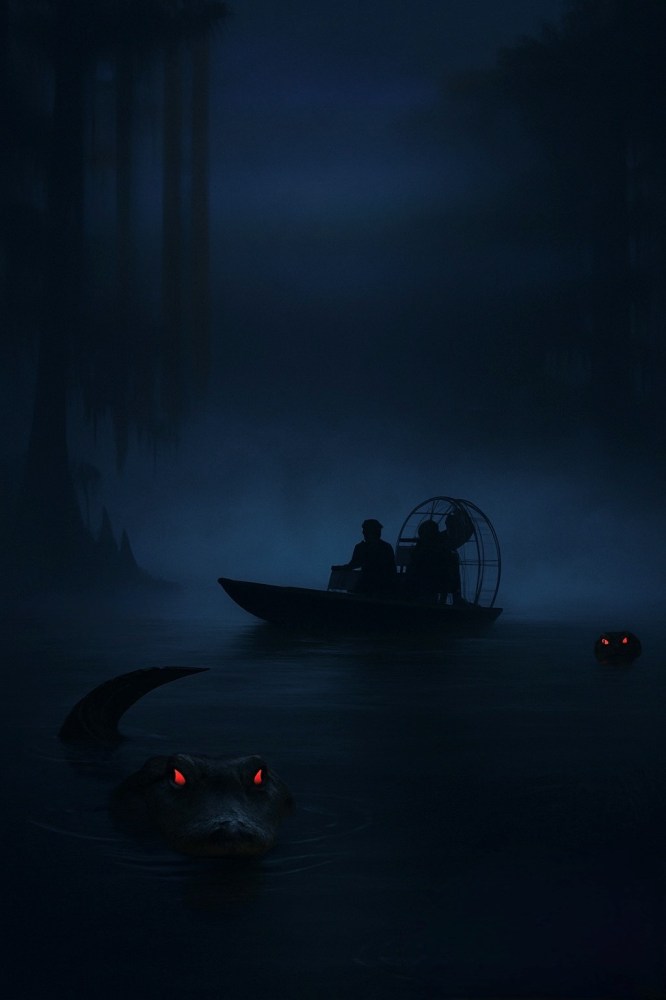Silhouetted airboat in foggy swamp with glowing red-eyed creatures in water.
